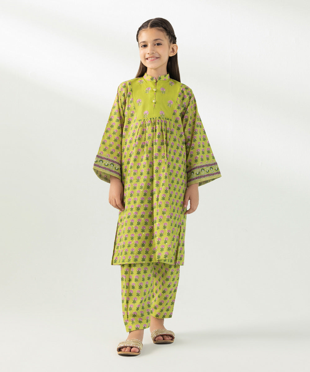 Kids East Girls Green 2 Piece Embroidered Lawn Suit