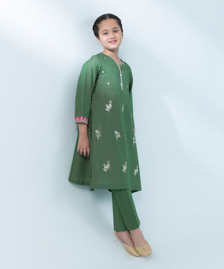 Kids East Girls Green 2 Piece Embroidered Zari Lawn Suit