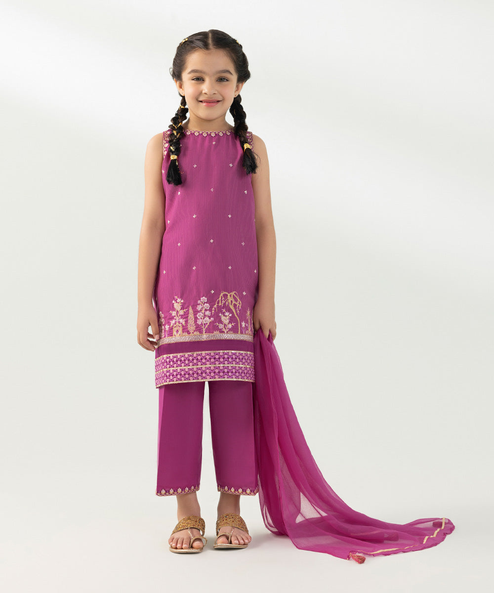 Kids East Girls Purple 3 Piece Embroidered Zari Lawn Suit