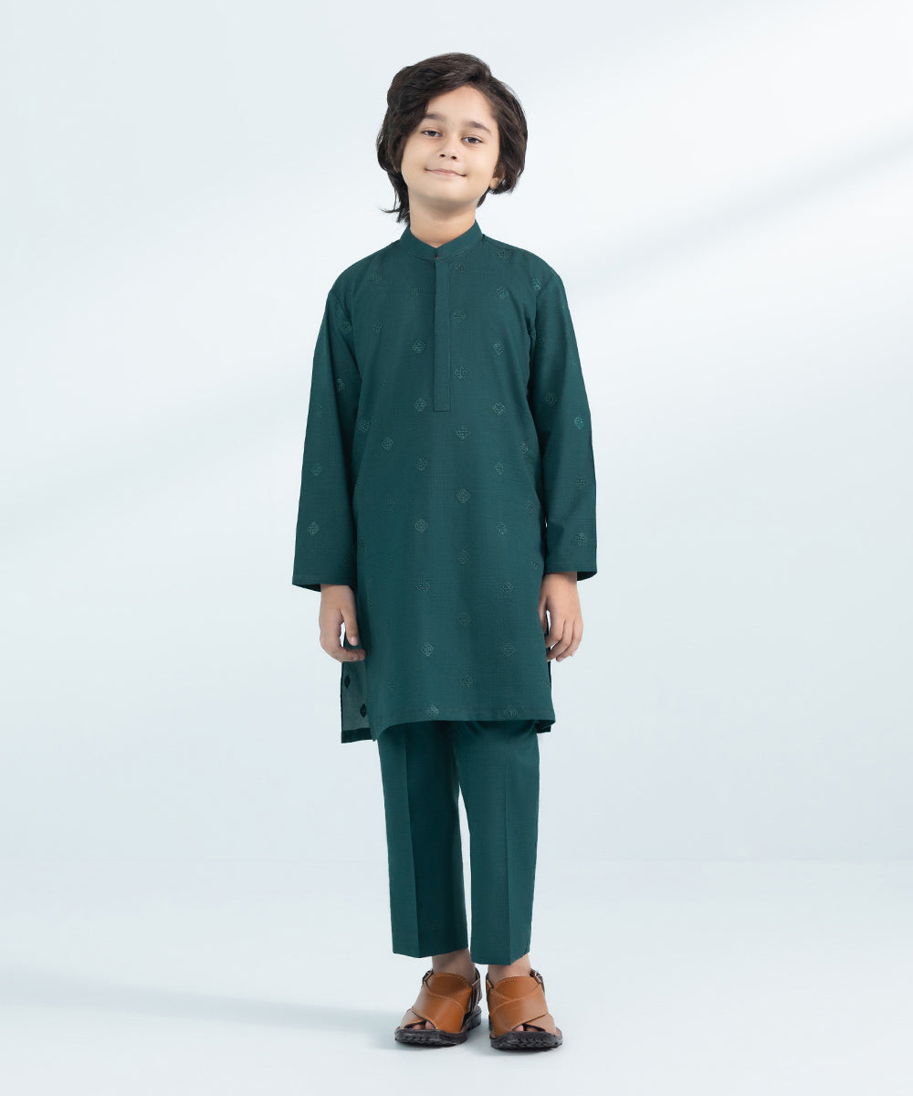 Kids East Boys Teal 2 Piece Embroidered Cambric Suit