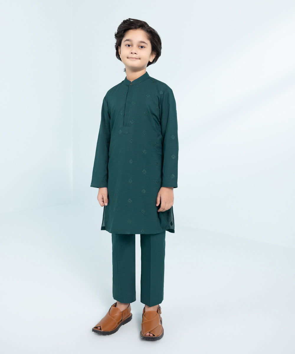 Kids East Boys Teal 2 Piece Embroidered Cambric Suit