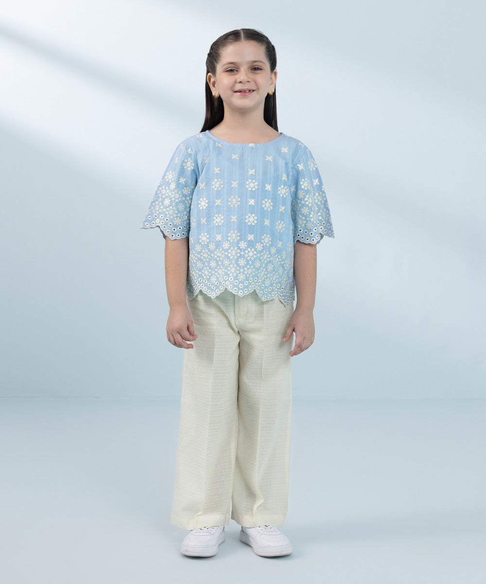 Kids East Girls Ice Blue  Embroidered Dobby Top 