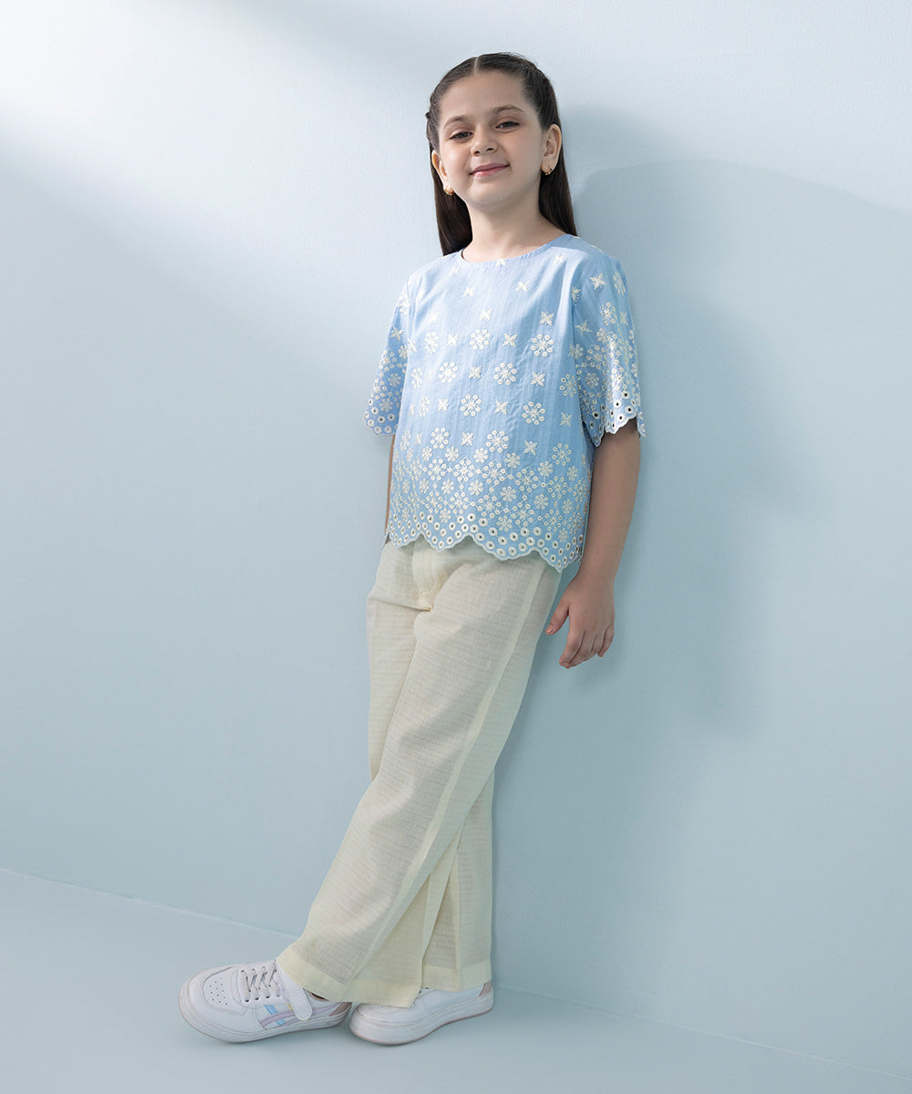 Kids East Girls Ice Blue  Embroidered Dobby Top 