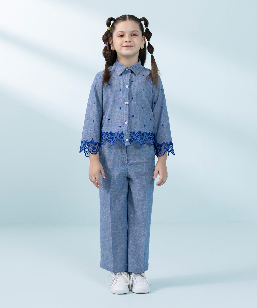 Kids East Girls Blue Embroidered Cotton Linen Set