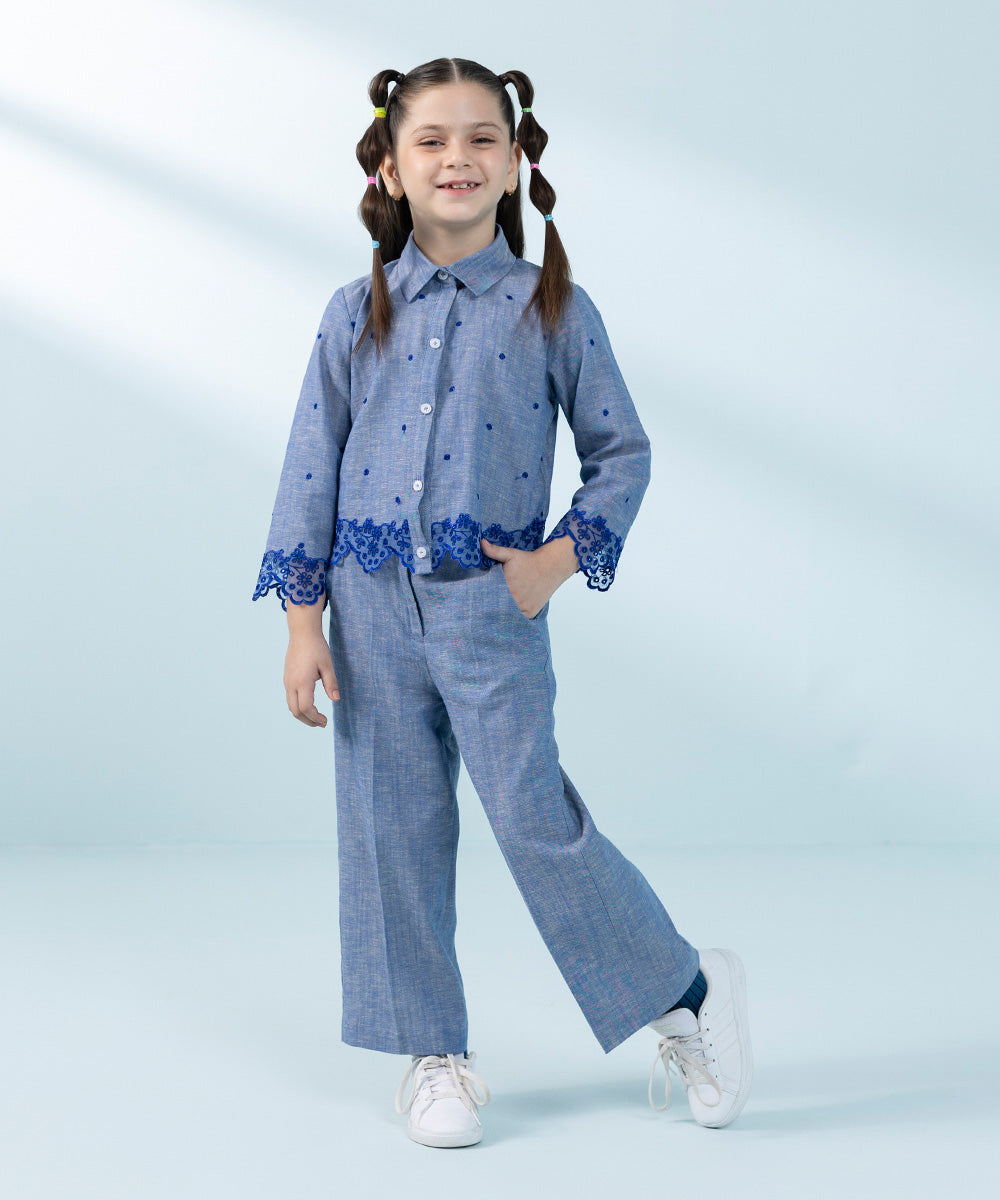 Kids East Girls Blue Embroidered Cotton Linen Set