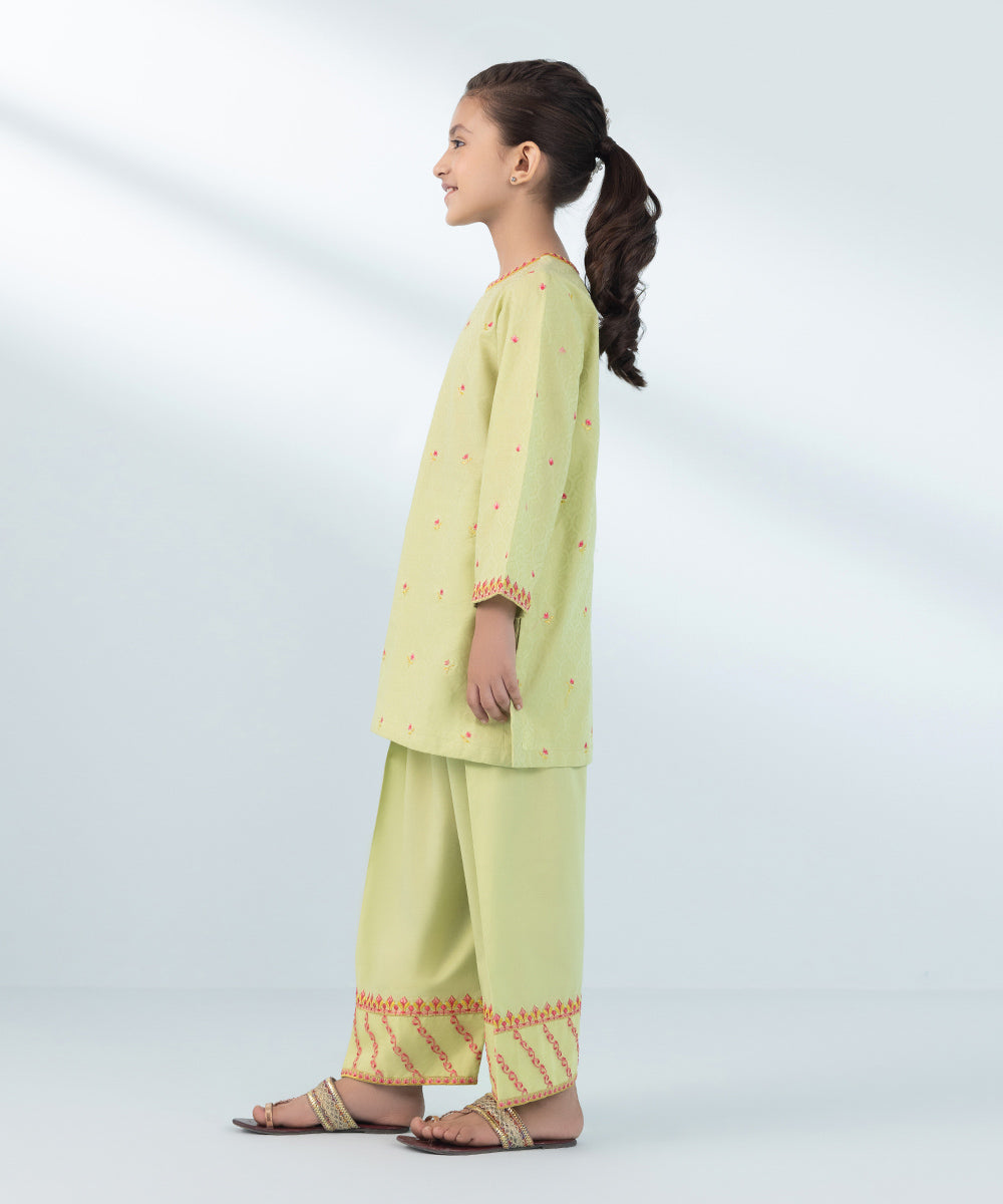 Kids East Girls Green 2 Piece Embroidered Jacquard Suit