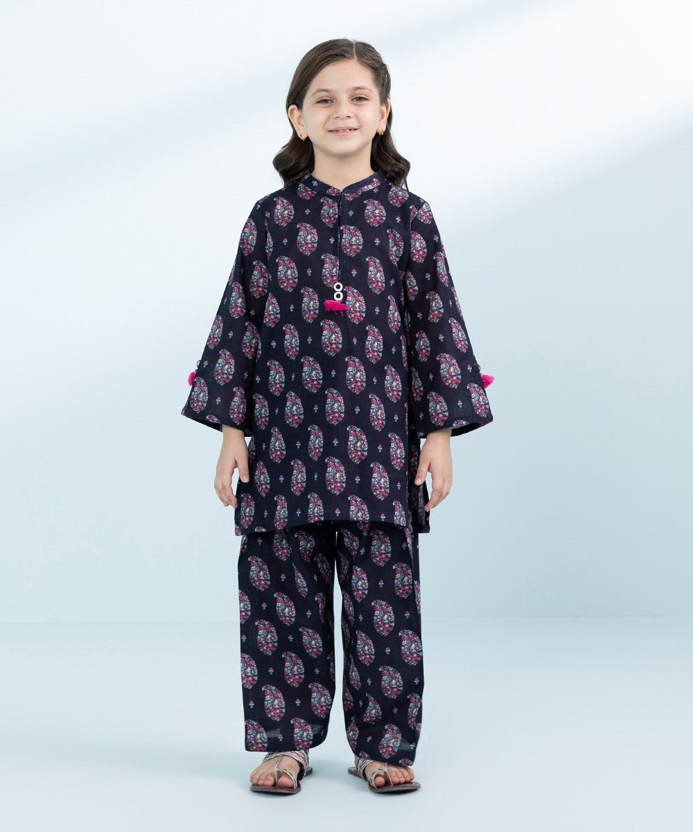 Kid Girls Black 2 Piece- Printed Khaddar Set