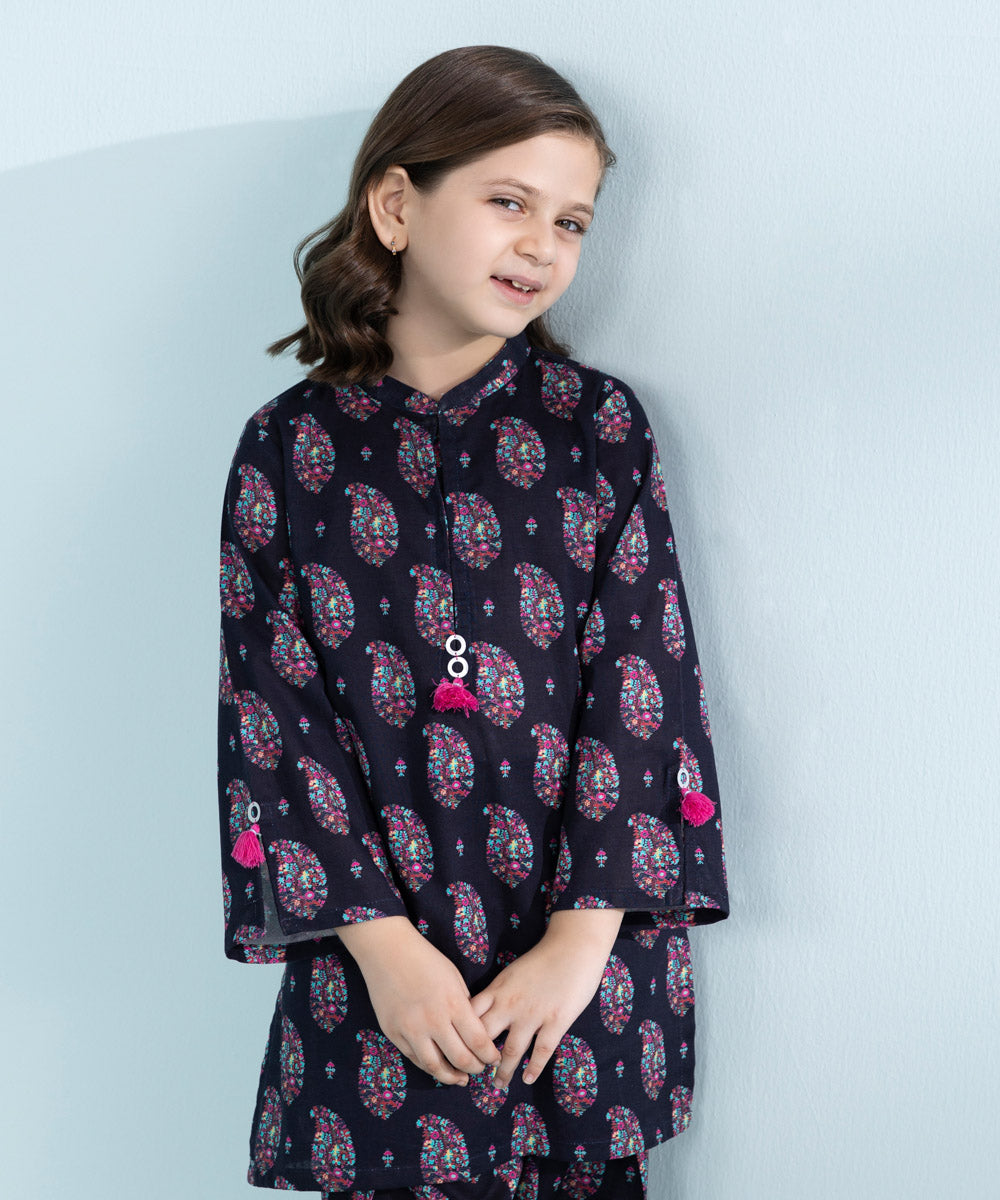 Kid Girls Black 2 Piece- Printed Khaddar Set