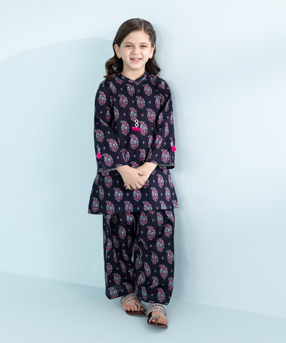 Kid Girls Black 2 Piece- Printed Khaddar Set