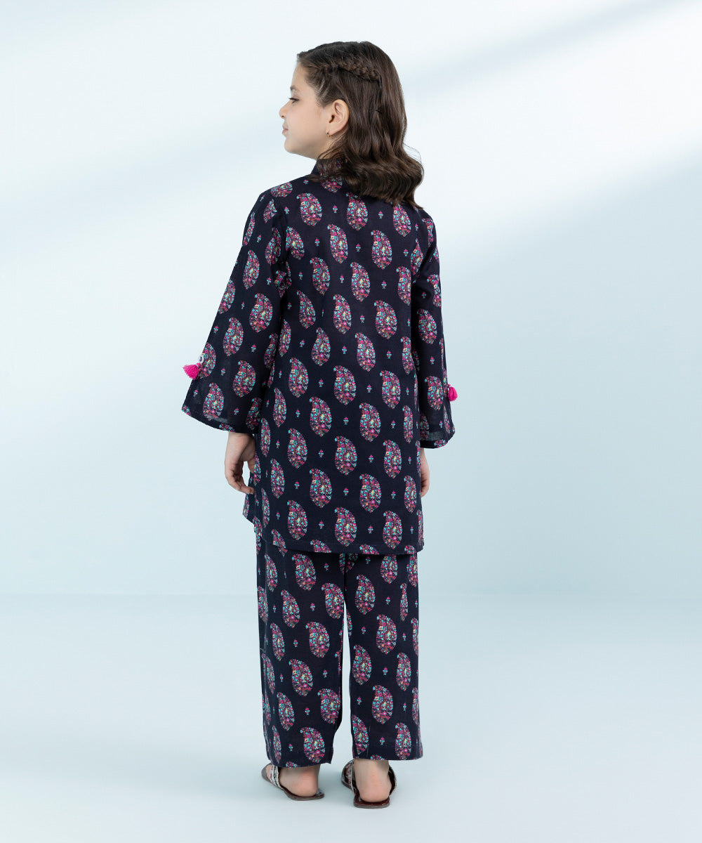 Kid Girls Black 2 Piece- Printed Khaddar Set