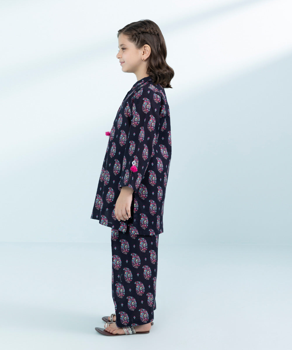 Kid Girls Black 2 Piece- Printed Khaddar Set