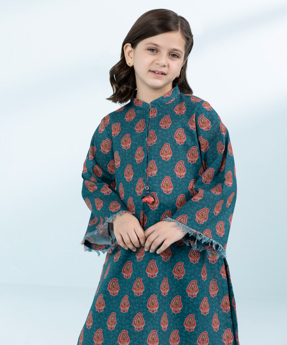 Kid Girls Green 2 Piece- Printed Khaddar Suit