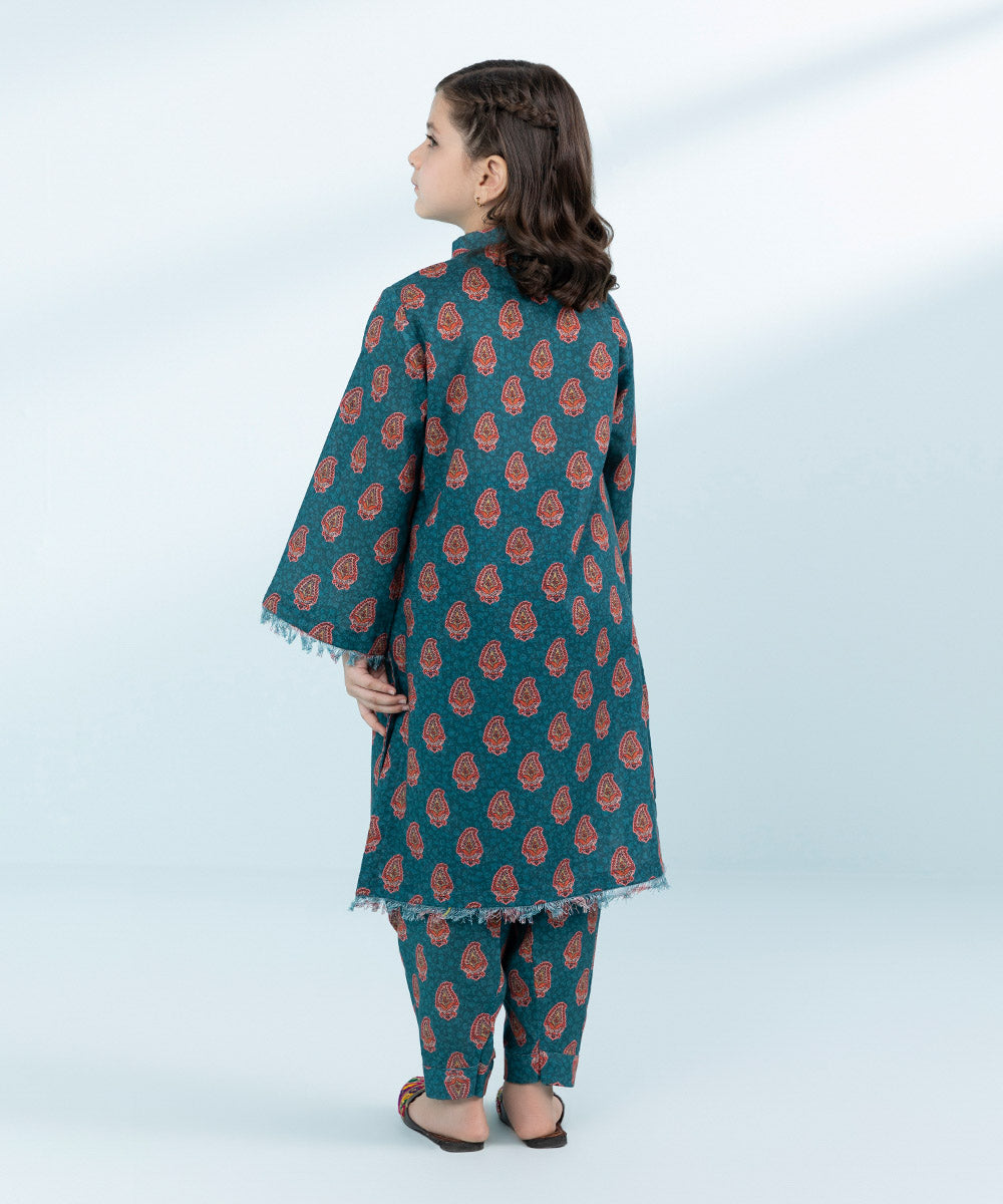 Kid Girls Green 2 Piece- Printed Khaddar Suit