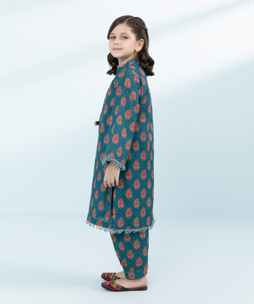 Kid Girls Green 2 Piece- Printed Khaddar Suit