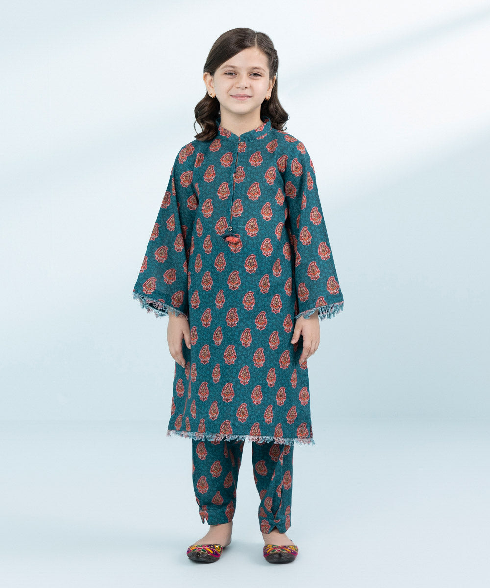 Kid Girls Green 2 Piece- Printed Khaddar Suit