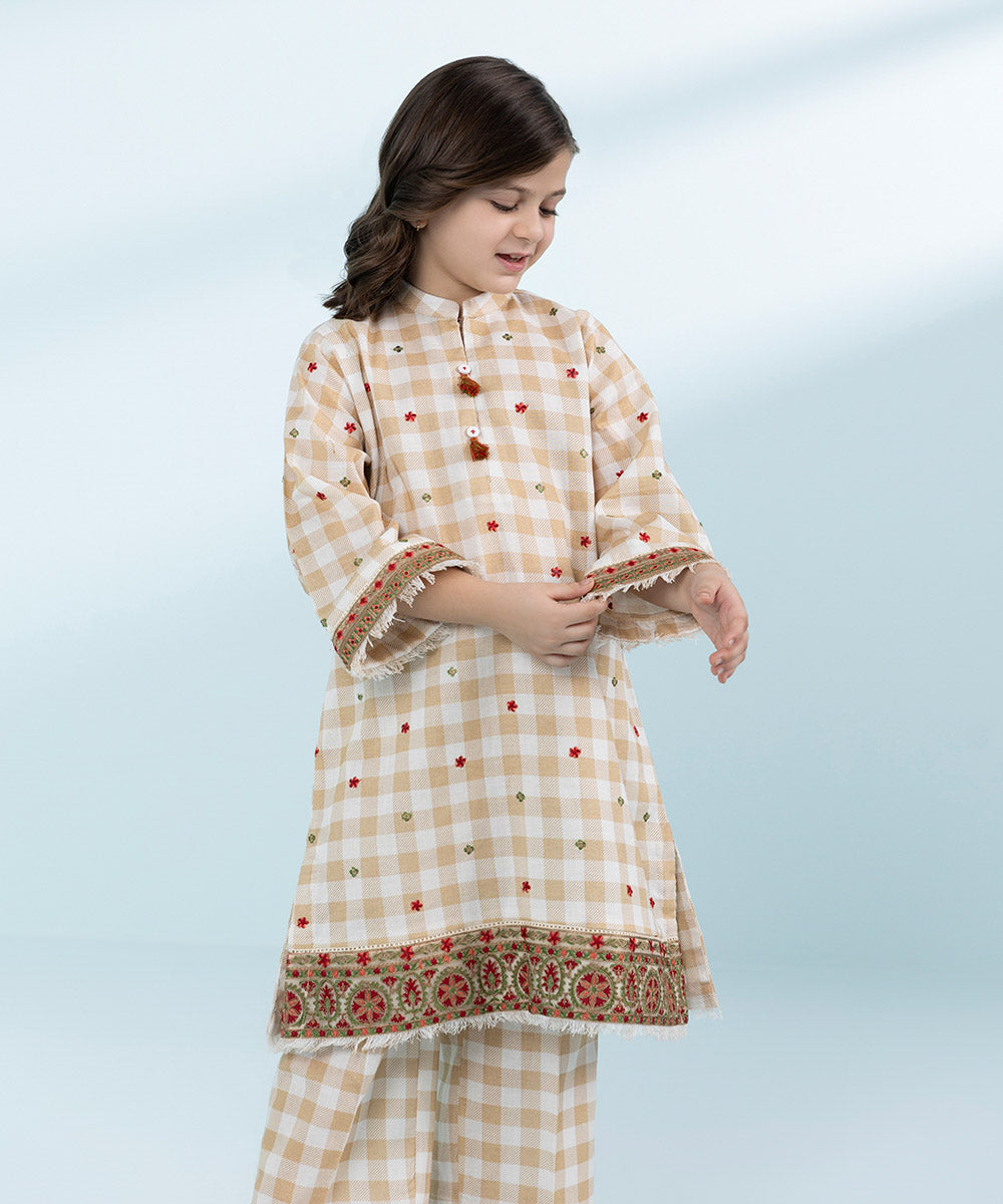 Kid Girls Beige 2 Piece- Embroidered Khaddar Suit