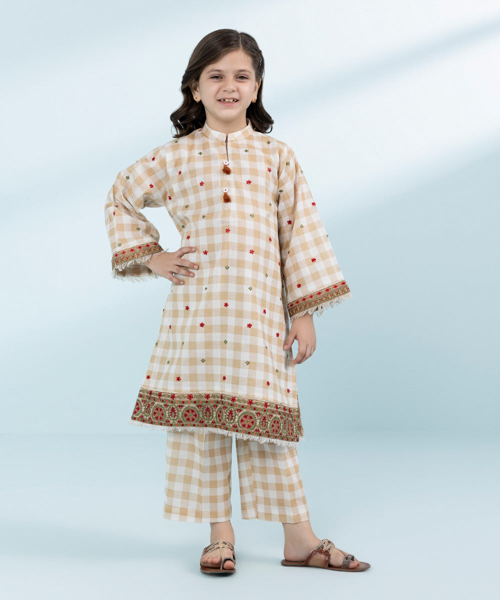 Kid Girls Beige 2 Piece- Embroidered Khaddar Suit