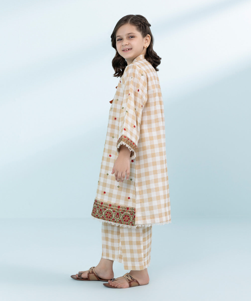 Kid Girls Beige 2 Piece- Embroidered Khaddar Suit