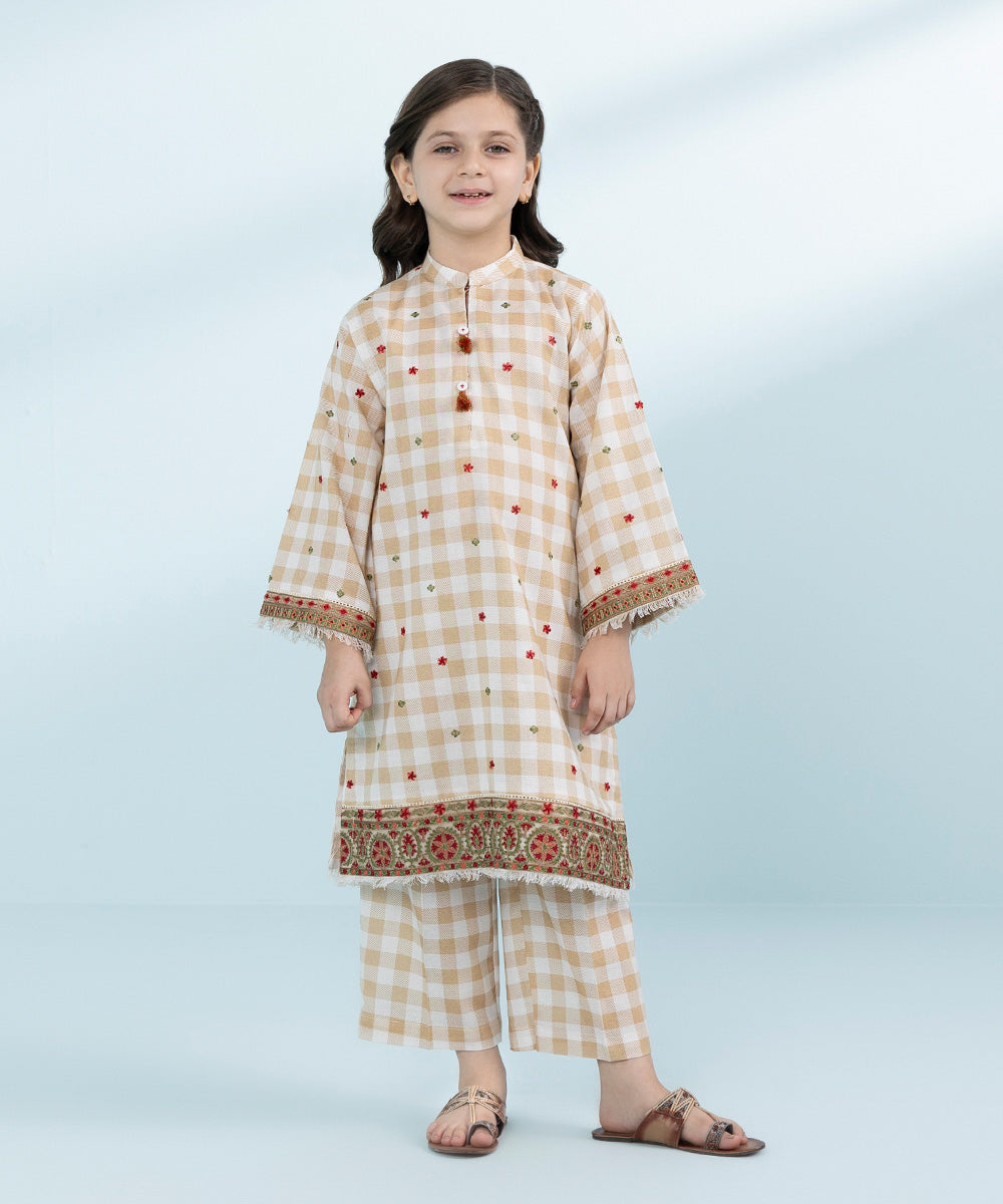 Kid Girls Beige 2 Piece- Embroidered Khaddar Suit