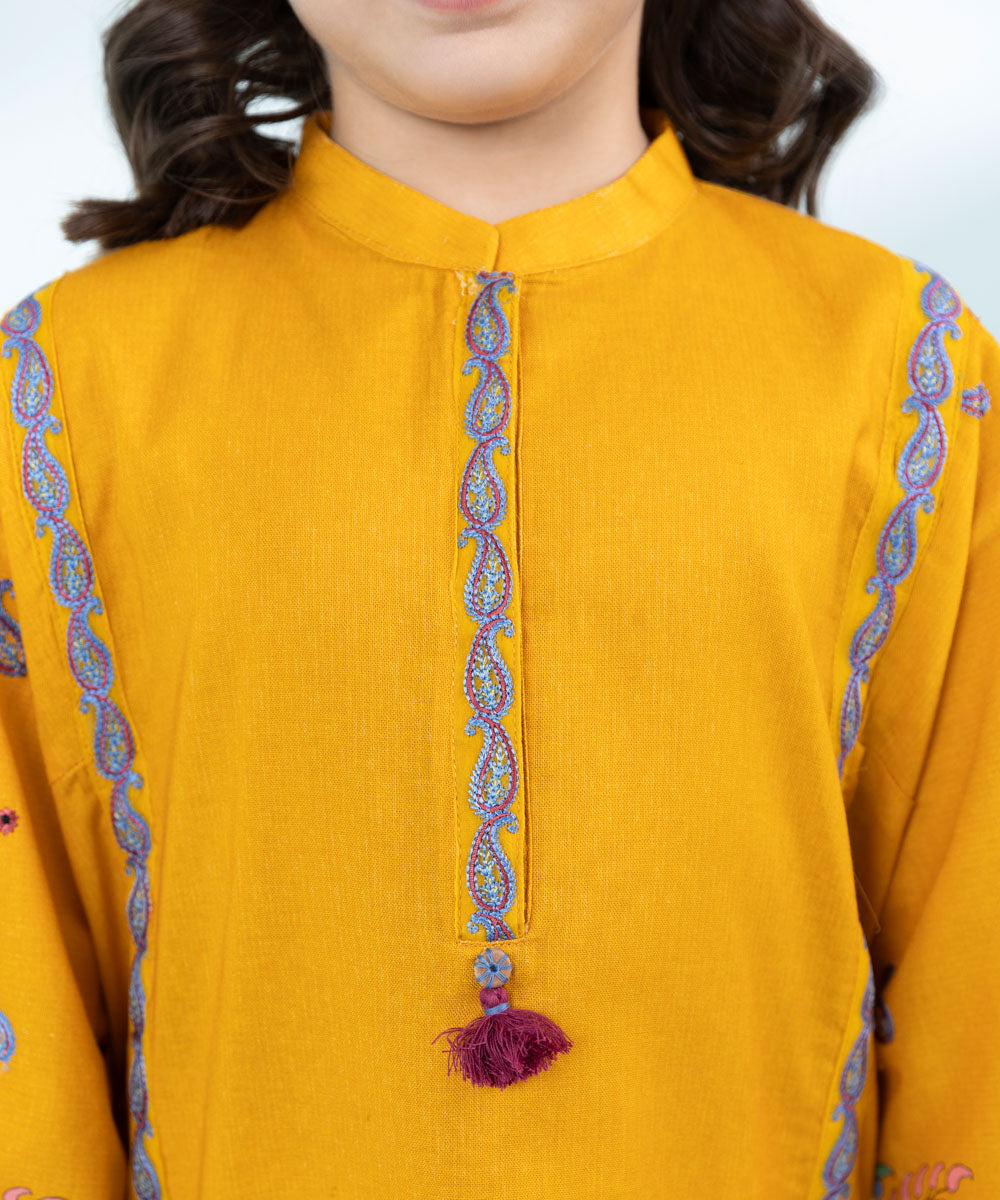 Kid Girls Mustard 2 Piece- Embroidered Khaddar Suit