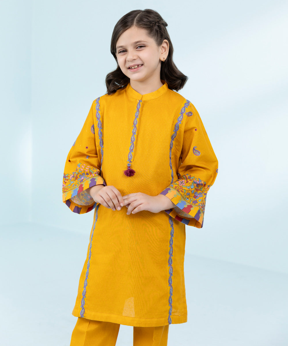 Kid Girls Mustard 2 Piece- Embroidered Khaddar Suit