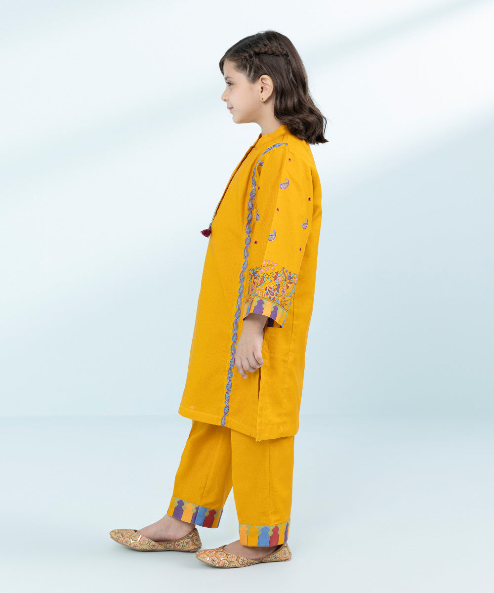 Kid Girls Mustard 2 Piece- Embroidered Khaddar Suit