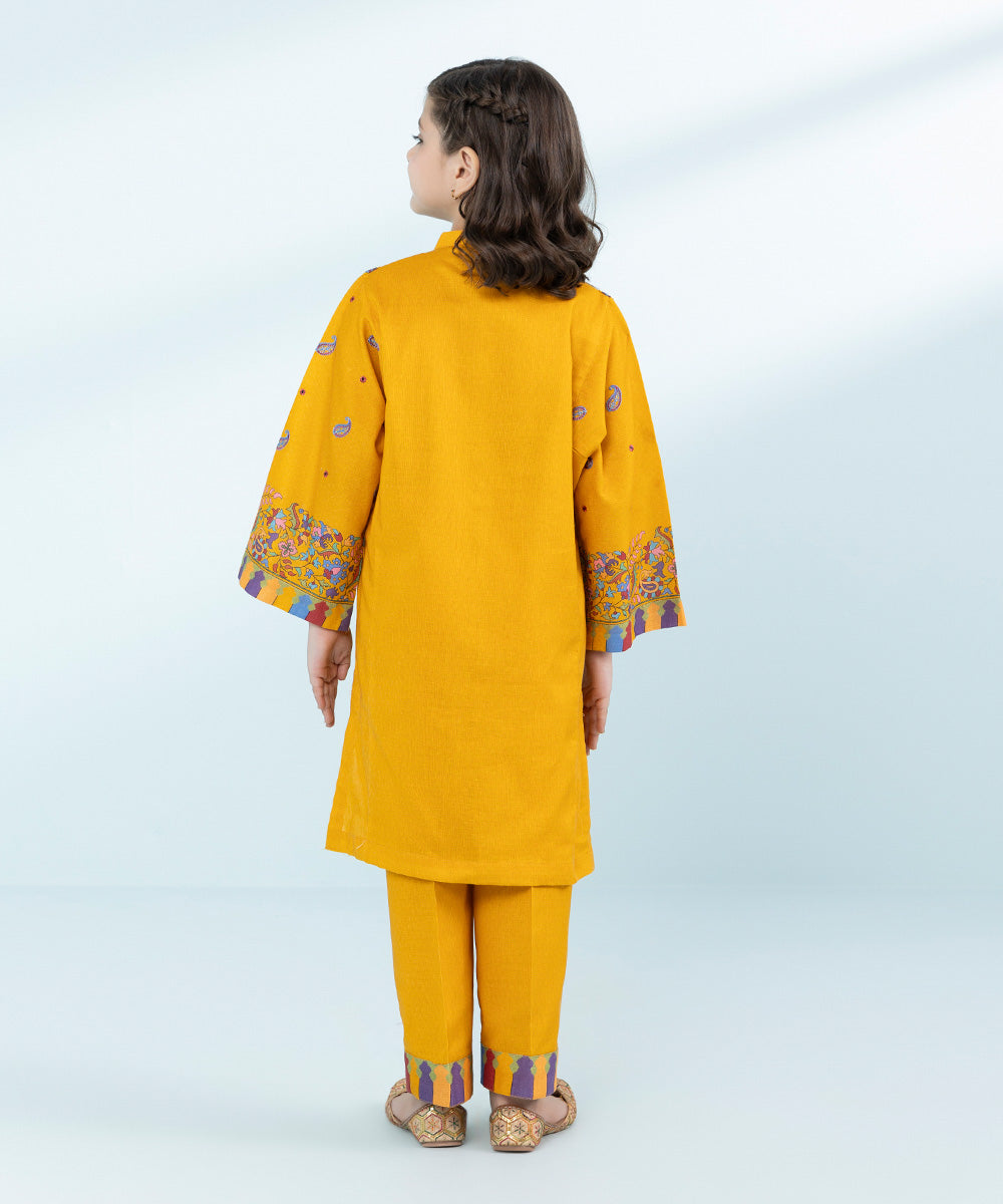 Kid Girls Mustard 2 Piece- Embroidered Khaddar Suit