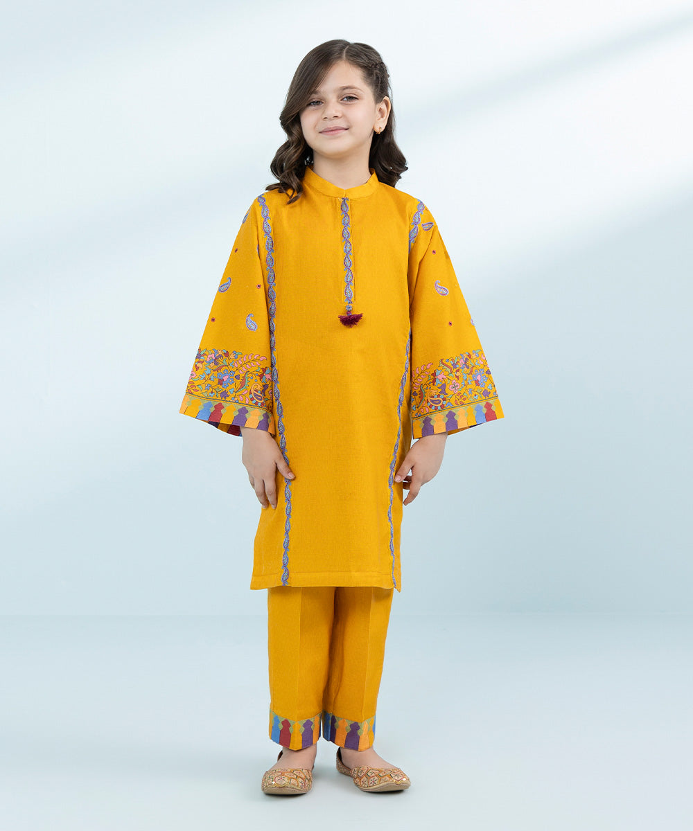 Kid Girls Mustard 2 Piece- Embroidered Khaddar Suit