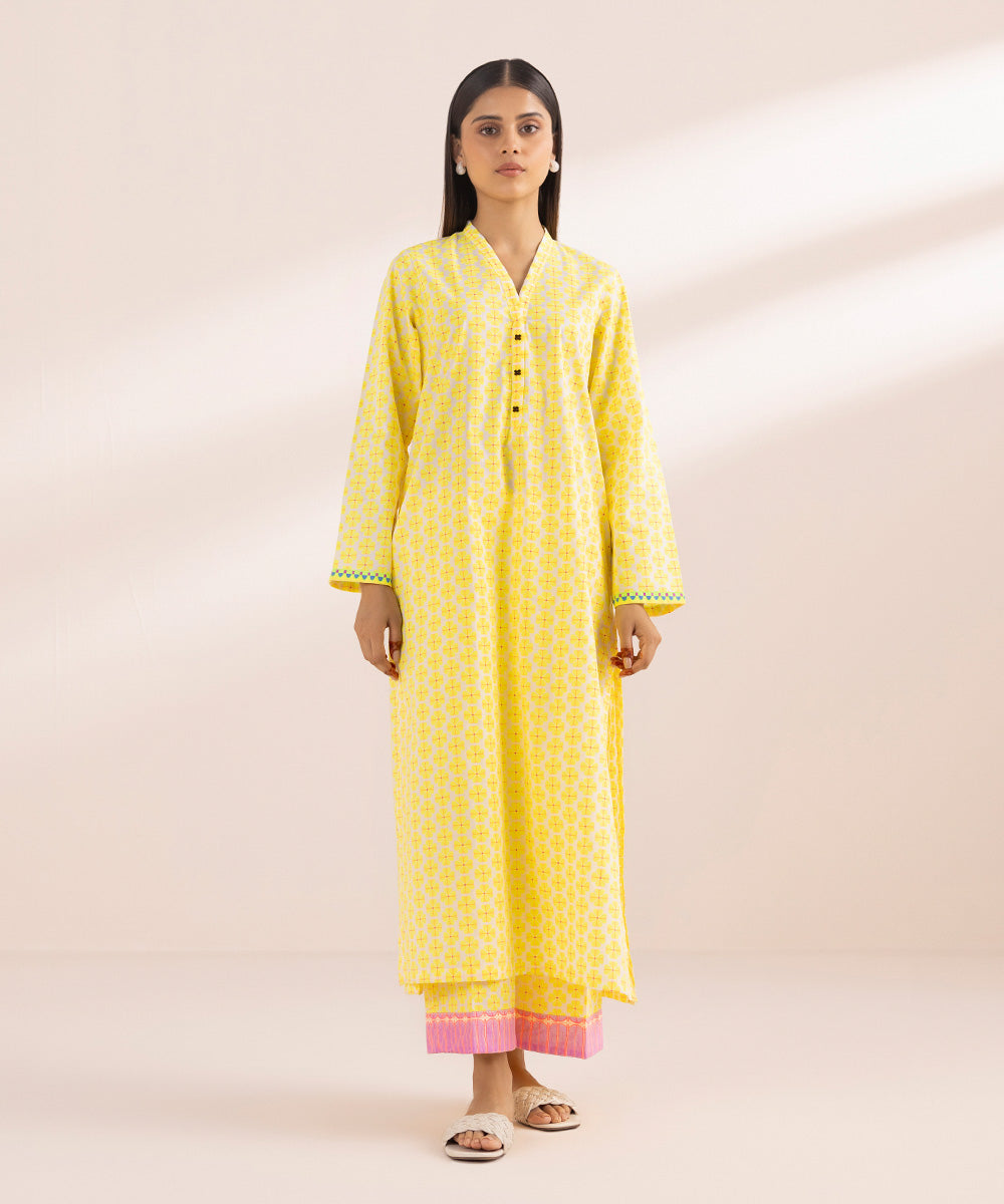 Women's Pret Cambric Yellow Printed A-Line Shirt