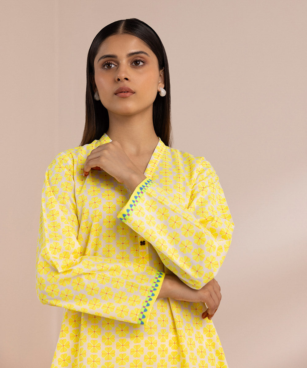 Women's Pret Cambric Yellow Printed A-Line Shirt