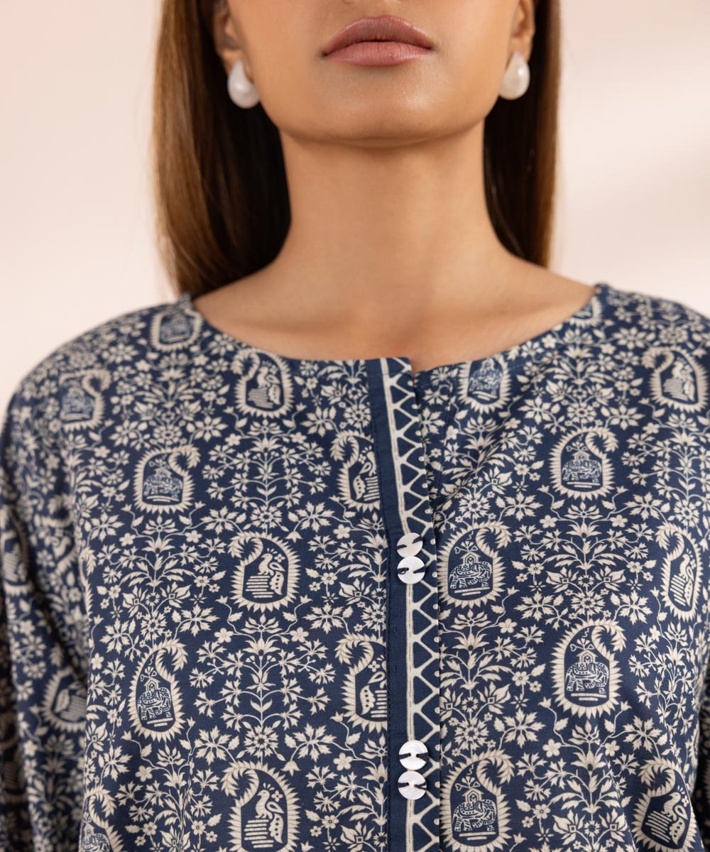 Women's Pret Textured Lawn Blue Printed Boxy Shirt