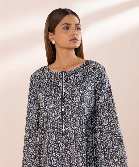 Women's Pret Textured Lawn Blue Printed Boxy Shirt