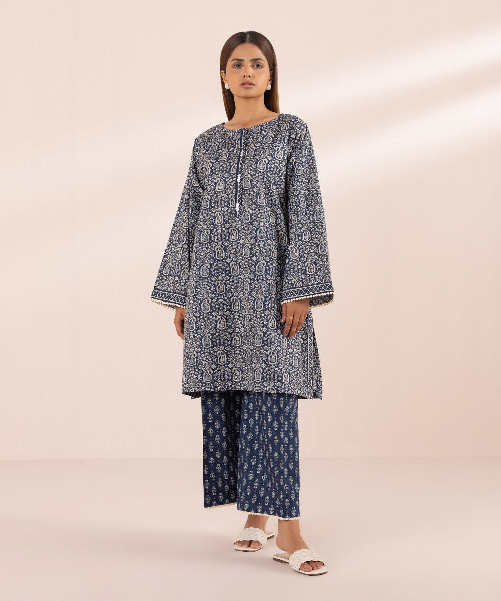 Women's Pret Textured Lawn Blue Printed Boxy Shirt