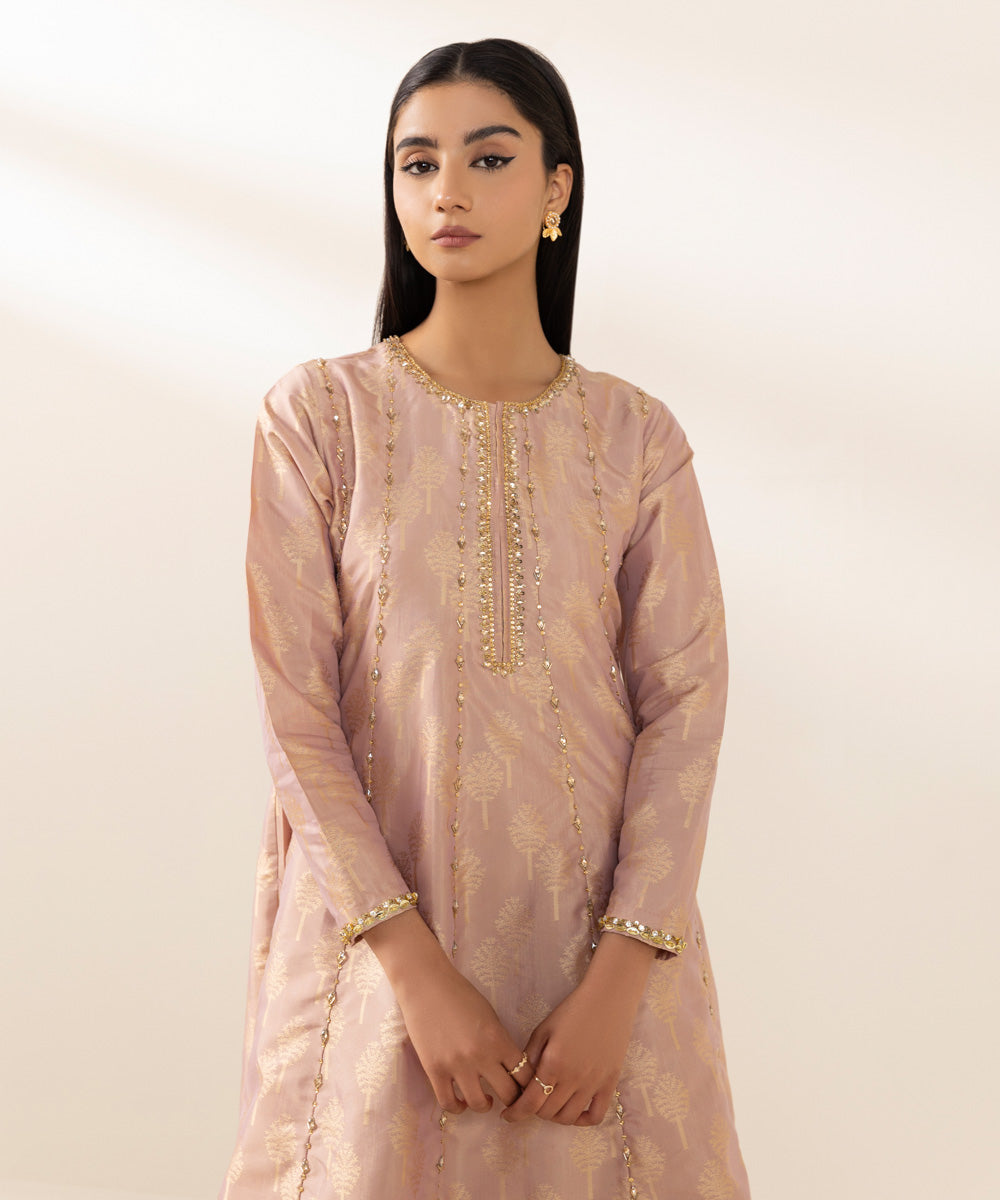 Women's Pret Blended Jacquard Dyed  Tea Pink A-Line Shirt