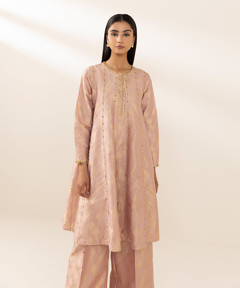 Women's Pret Blended Jacquard Dyed  Tea Pink A-Line Shirt