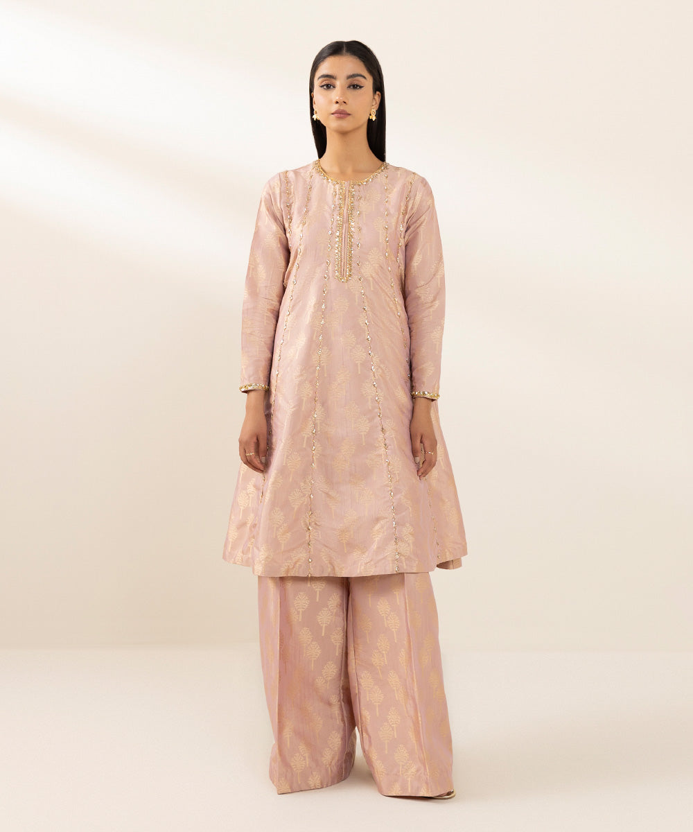 Women's Pret Blended Jacquard Dyed  Tea Pink A-Line Shirt