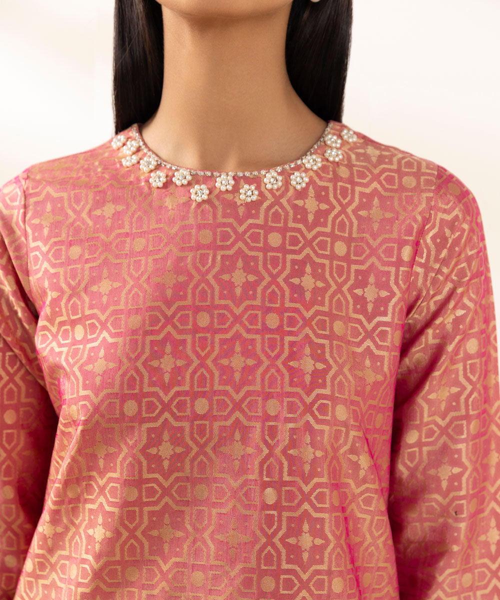 Women's Pret Blended Jacquard Dyed Deep Coral Straight Shirt