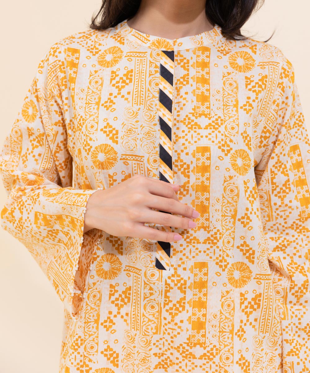 Women's Eid Pret Dobby Printed Mustard Straight Shirt