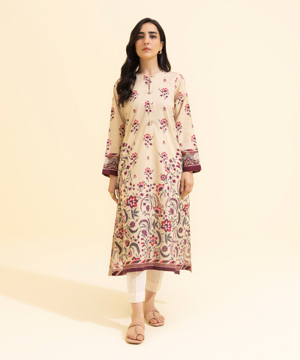 Women's Eid Pret Dobby Printed Beige with Pink Straight Shirt