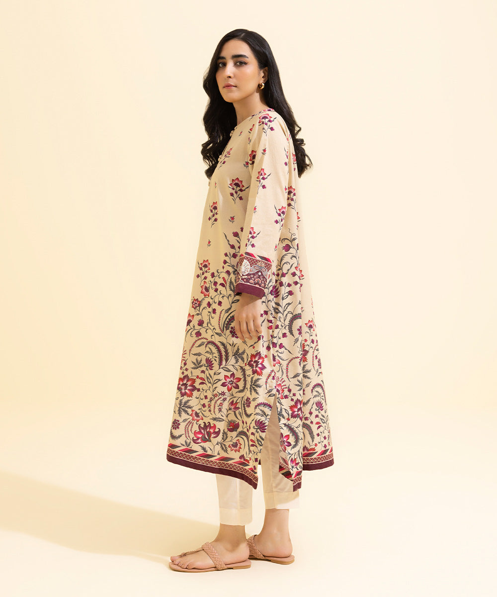 Women's Eid Pret Dobby Printed Beige with Pink Straight Shirt