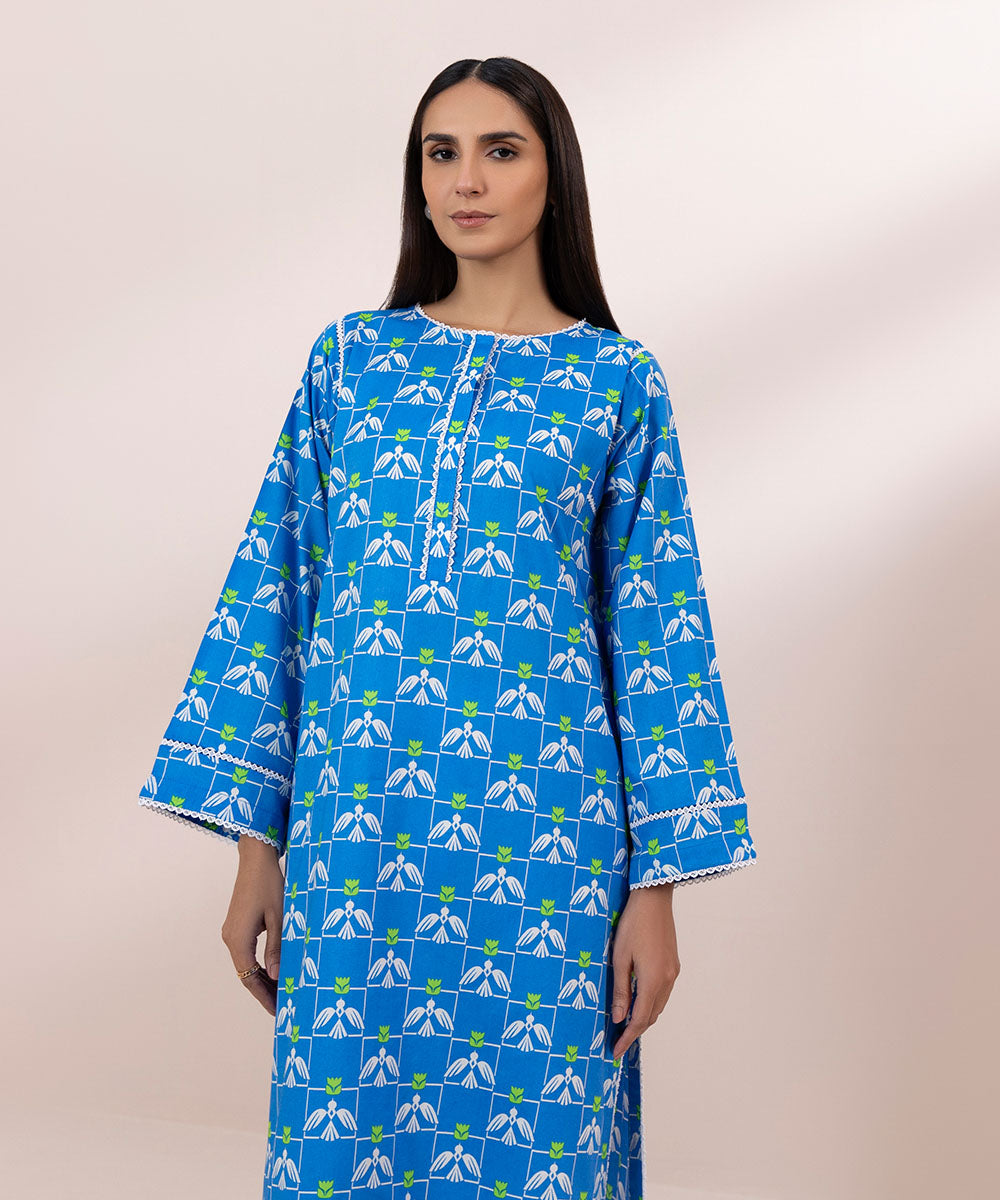Women's Pret Cambric Printed Blue A-Line Shirt