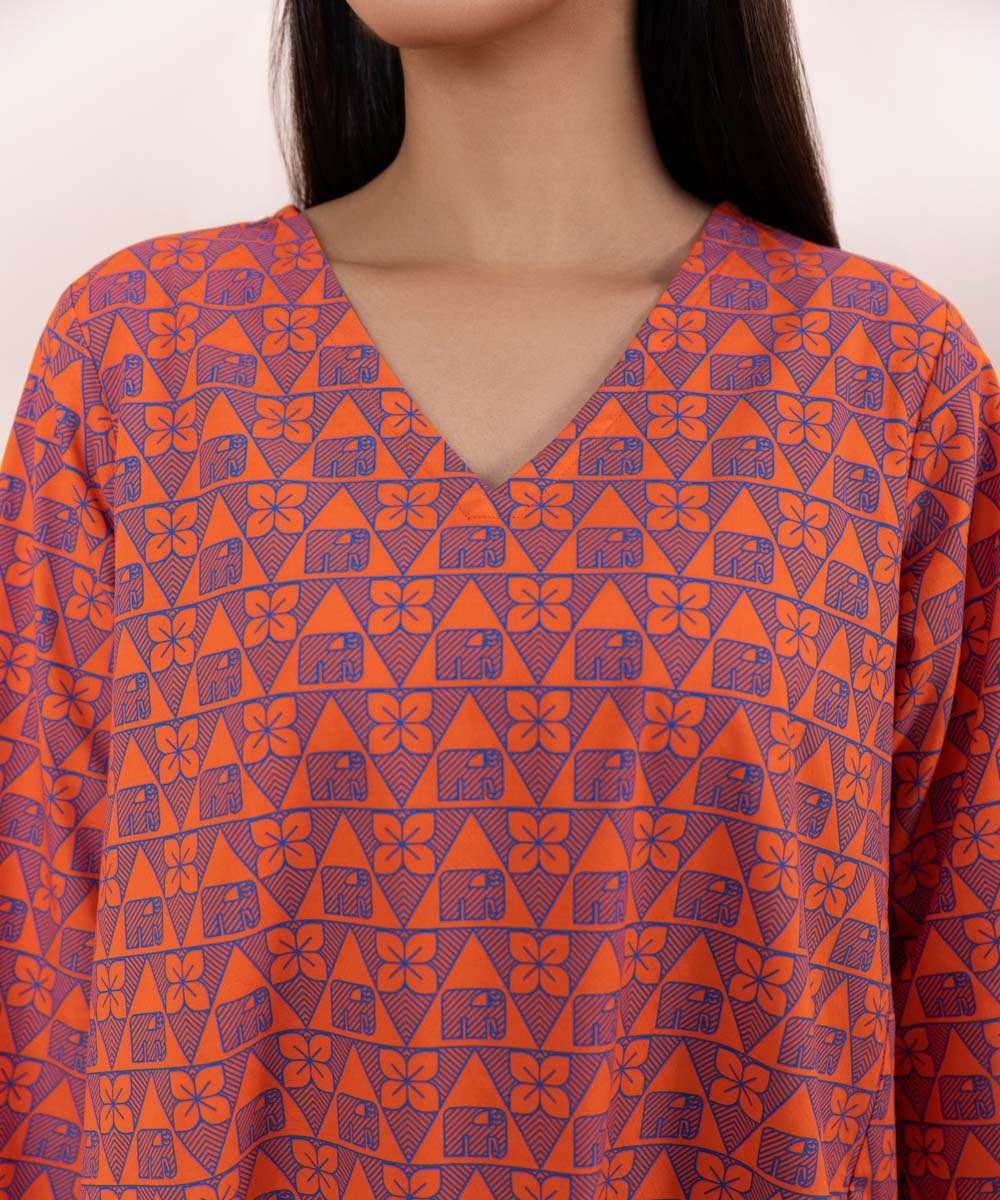 Women's Pret Dobby Printed Orange A-Line Shirt