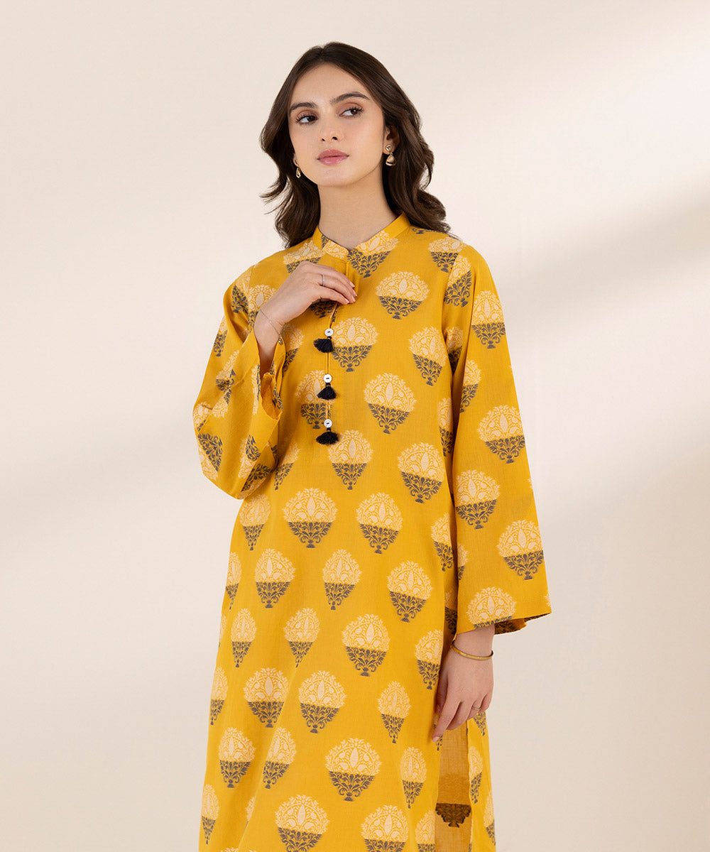 Women's Pret Yarn Dyed Jacquard Yellow Solid Straight Shirt