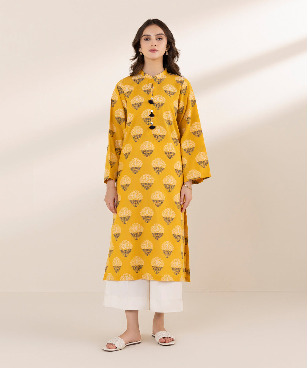 Women's Pret Yarn Dyed Jacquard Yellow Solid Straight Shirt