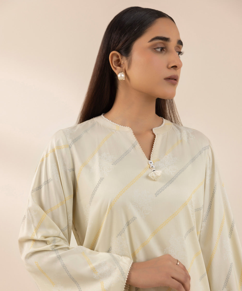 Women's Pret Arabic Lawn Off White Printed Straight Shirt