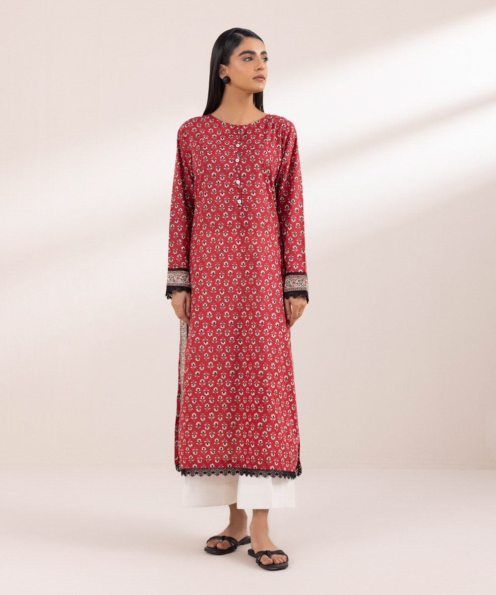 Women's Pret Textured Lawn Printed Red A-Line Shirt