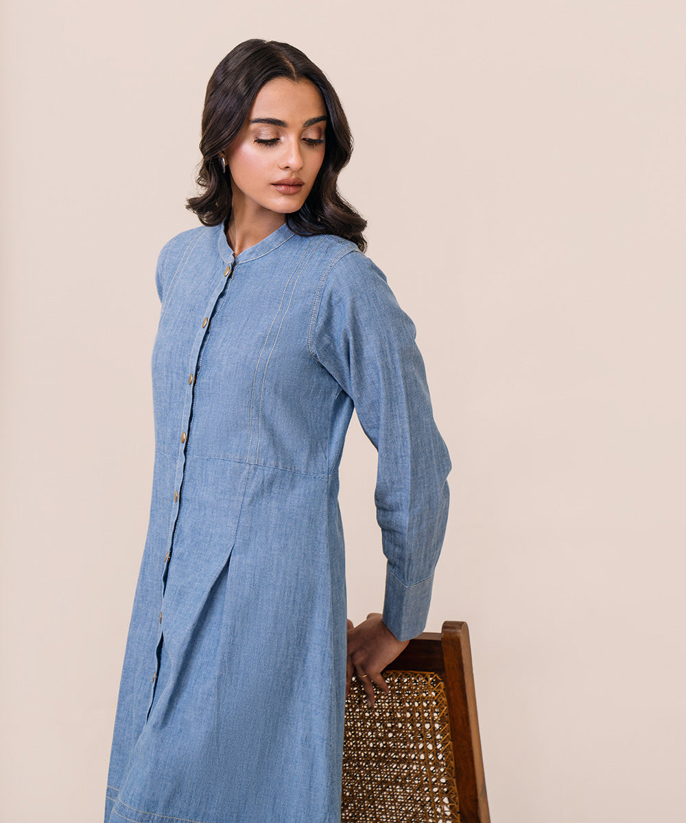 Women's Pret Chambray Solid Blue A-Line Shirt