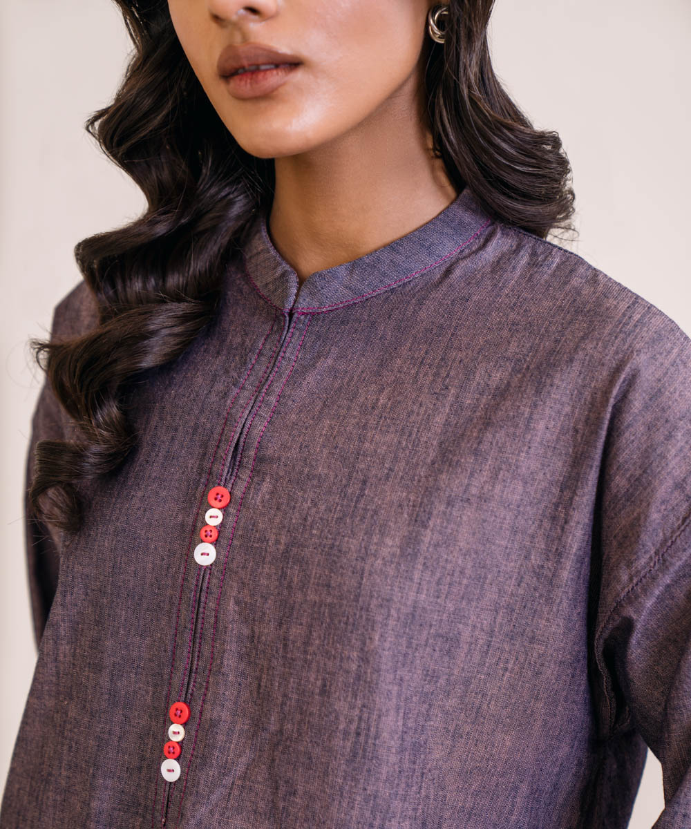 Women's Pret Chambray Solid Purple Drop Shoulder Shirt