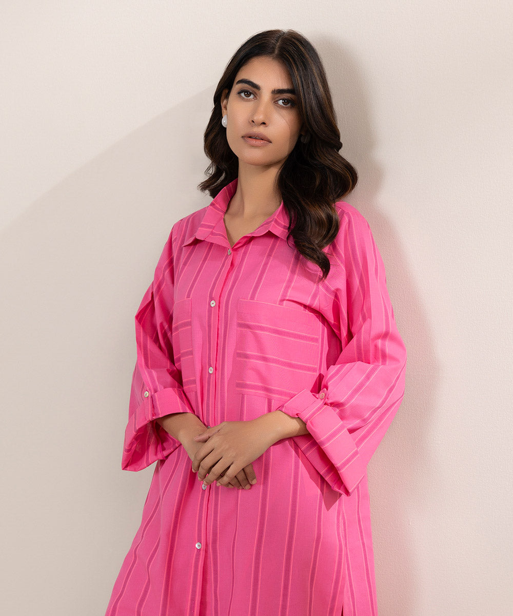 Women's Pret Yarn Dyed Solid Pink Straight Button Down Shirt
