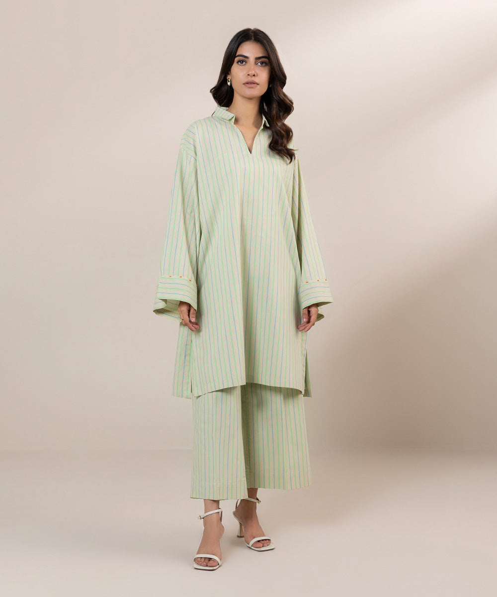 Women's Pret Yarn Dyed Solid Green Boxy Shirt